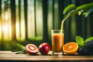 färsk frukt juice i en glas på en trä- tabell. ai-genererad foto