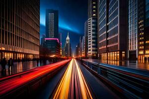 en lång exponering fotografera av en stad gata på natt. ai-genererad foto