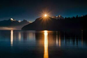 de Sol lyser över en berg räckvidd och sjö. ai-genererad foto