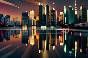 en stad på natt med ljus lampor reflekterande i de vatten. ai-genererad foto