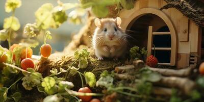en söt hamster i miniatyr- trä hus, ai generativ foto