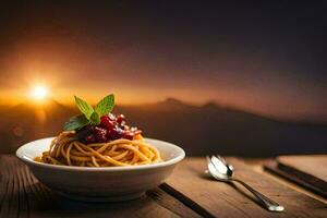 spaghetti med tomat sås och basilika löv på en trä- tabell. ai-genererad foto