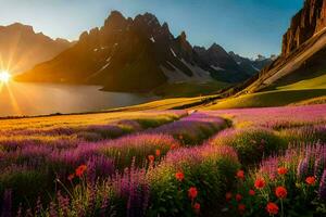 de Sol stiger över en fält av blommor och berg. ai-genererad foto