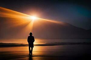 en man stående på de strand på solnedgång. ai-genererad foto