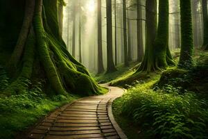 en väg genom en grön skog med träd och mossa. ai-genererad foto