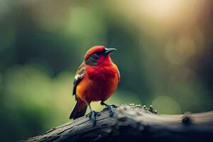 en röd fågel är Sammanträde på en gren. ai-genererad foto