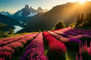 de Sol lyser över en fält av blommor i de berg. ai-genererad foto