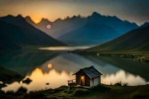 de hus av de sjö, sjö, berg, solnedgång, reflexion, reflexion hd tapet. ai-genererad foto