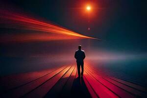 en man stående i de mitten av en mörk väg med en ljus ljus lysande i de distans. ai-genererad foto