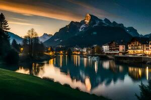 de bergen och flod på skymning i schweiz. ai-genererad foto