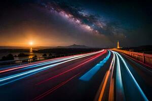 en lång exponering fotografera av en motorväg på natt med de mjölkig sätt i de bakgrund. ai-genererad foto