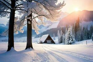 en stuga i de snö med träd och berg. ai-genererad foto