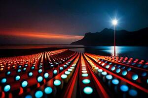 en lång linje av lampor på de strand på natt. ai-genererad foto