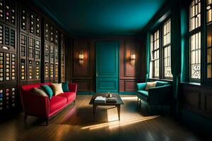 en rum med en röd soffa och blå väggar. ai-genererad foto