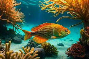 ett orange fisk simning i de hav med korall rev. ai-genererad foto