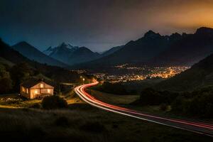 en lång exponering fotografera av en väg och berg räckvidd på natt. ai-genererad foto
