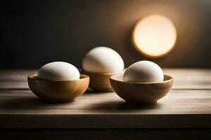 tre ägg i trä- skålar på en tabell. ai-genererad foto