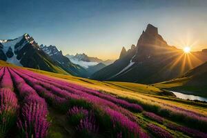 de Sol stiger över lavendel- fält i de berg. ai-genererad foto