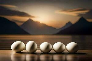 fem ägg är fodrad upp på en tabell med bergen i de bakgrund. ai-genererad foto
