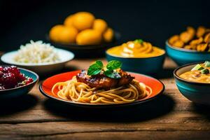 en tabell med skålar av mat och spaghetti. ai-genererad foto