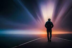 en man gående på en väg på solnedgång. ai-genererad foto