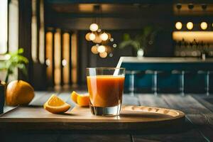 en glas av orange juice på en trä- bricka. ai-genererad foto