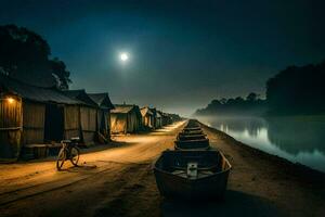Foto tapet de måne, natt, de flod, båtar, de måne, båtar, de flod. ai-genererad