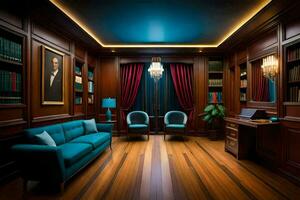 en rum med en blå soffa och en målning på de vägg. ai-genererad foto