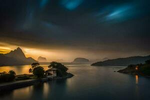 en sjö och bergen under en mörk himmel. ai-genererad foto