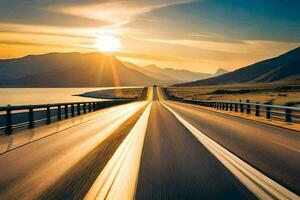 en motorväg med de Sol miljö över berg. ai-genererad foto