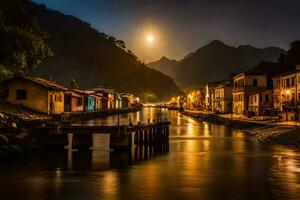 Foto tapet de måne, natt, flod, hus, båtar, båtar, båtar, båtar,. ai-genererad