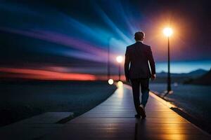 en man i en kostym promenader ner en väg på natt. ai-genererad foto