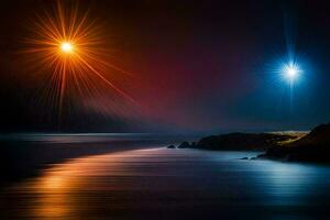 två ljus lampor glans över de hav. ai-genererad foto