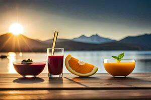 tre glasögon av juice och frukt på en tabell med bergen i de bakgrund. ai-genererad foto