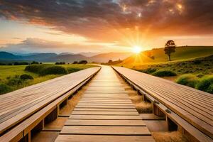 en trä- gångväg leder till de solnedgång i de berg. ai-genererad foto