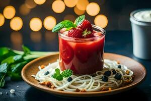 en jordgubb och mynta dryck med spaghetti och mynta löv. ai-genererad foto