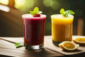 två glasögon av juice med frukt och mynta löv. ai-genererad foto