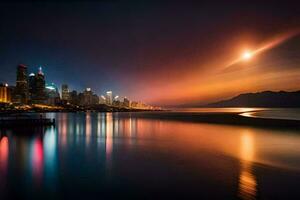 en stad horisont på natt med en ljus måne. ai-genererad foto