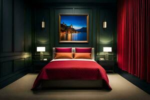 en sovrum med en röd säng och en målning på de vägg. ai-genererad foto