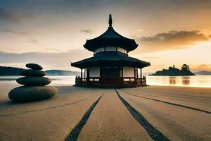 en pagod sitter på de sand på solnedgång. ai-genererad foto