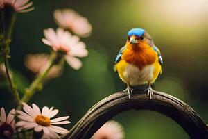 en färgrik fågel sitter på en gren i främre av blommor. ai-genererad foto