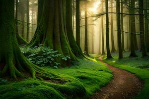 en väg genom en grön skog med mossiga träd. ai-genererad foto