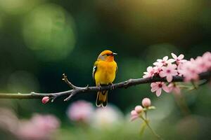 en gul fågel sitter på en gren med rosa blommor. ai-genererad foto