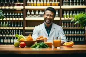 en man i en labb täcka är leende Bakom en tabell med frukt och grönsaker. ai-genererad foto