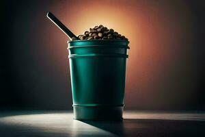 en grön kopp fylld med kaffe bönor. ai-genererad foto