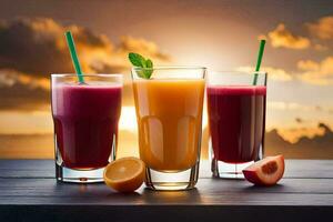 tre glasögon av juice med apelsiner och äpplen på en tabell. ai-genererad foto