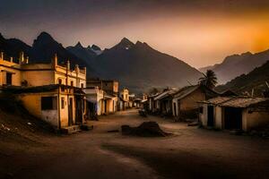 en by på solnedgång i de berg. ai-genererad foto