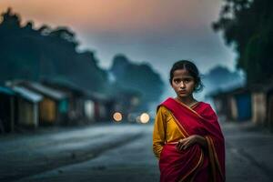 en ung flicka i en röd sari står i de mitten av en gata. ai-genererad foto