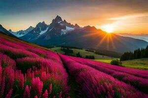 de Sol stiger över en fält av rosa blommor och berg. ai-genererad foto