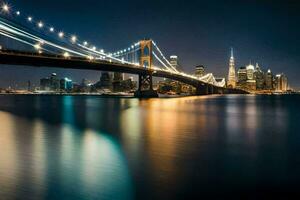 de stad horisont på natt med de bro och bukt bro. ai-genererad foto